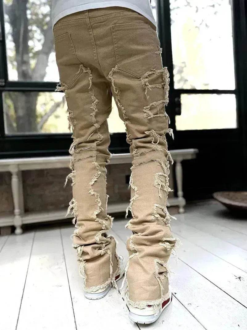 Stacked Denim Jeans Men – Patched Slim Fit Pants