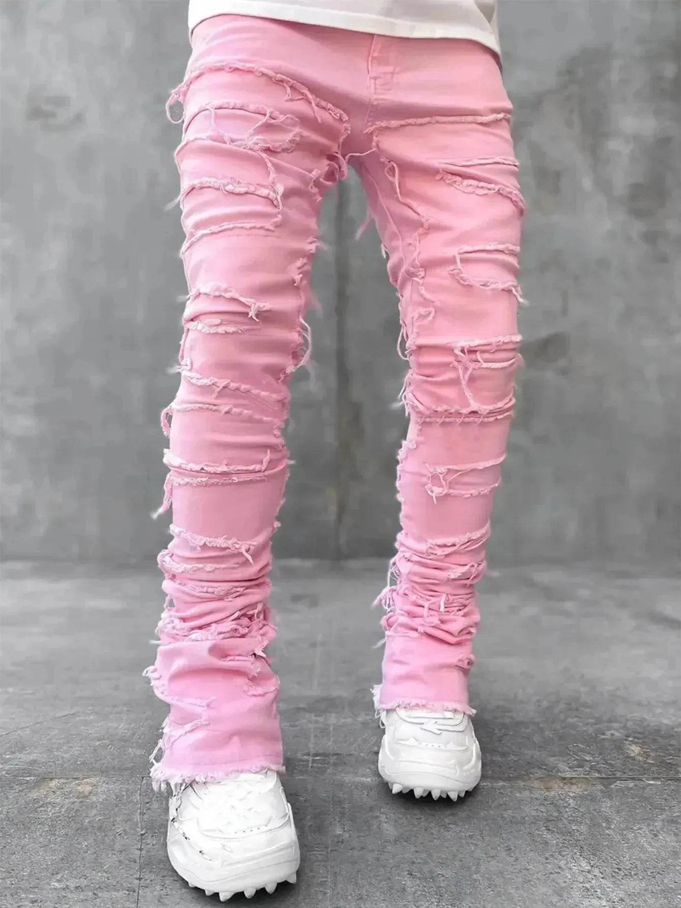 Stacked Denim Jeans Men – Patched Slim Fit Pants