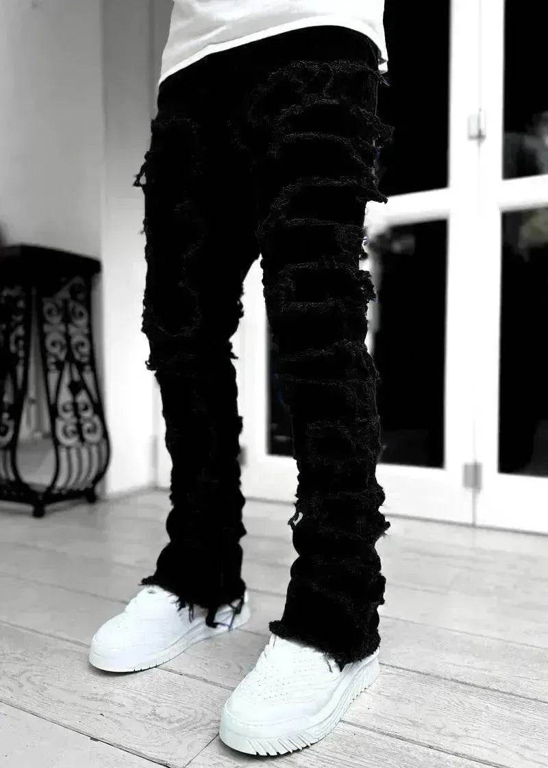 Stacked Denim Jeans Men – Patched Slim Fit Pants