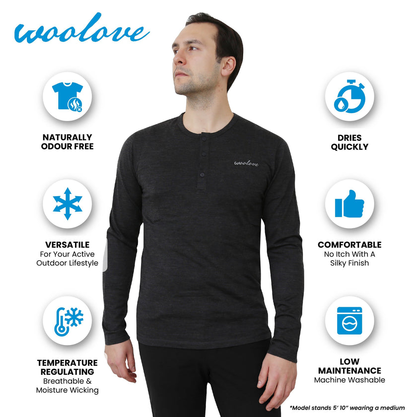 Men's Merino Wool Long Sleeve Henley — Midweight