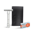 Merkur 3-Piece Travel DE Safety Razor Stright Cut Chrome with Blades In Black Leather Case