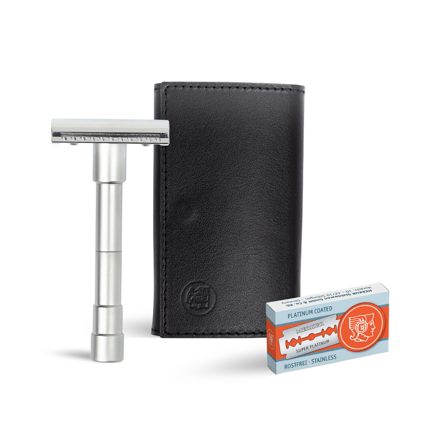 Merkur 3-Piece Travel DE Safety Razor Stright Cut Chrome with Blades In Black Leather Case