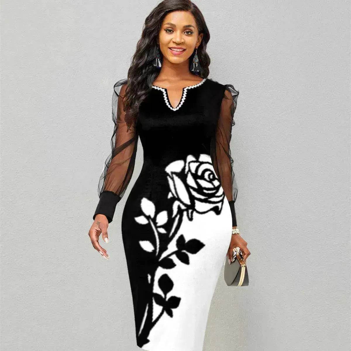 Mesh Sleeve Pencil Mid-length Hip Dress