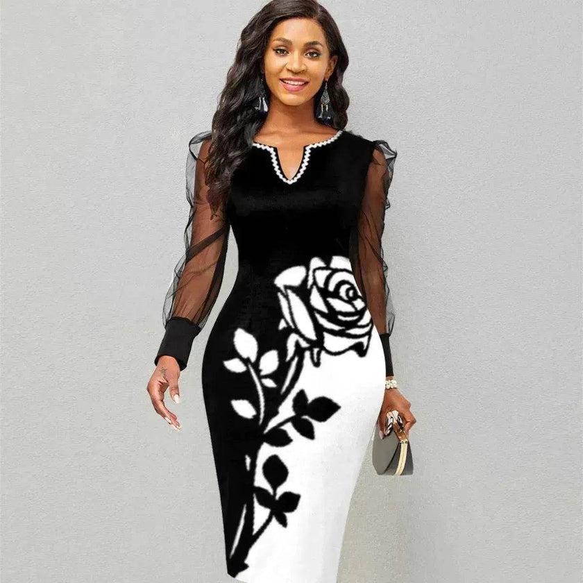 Mesh Sleeve Pencil Mid-length Hip Dress