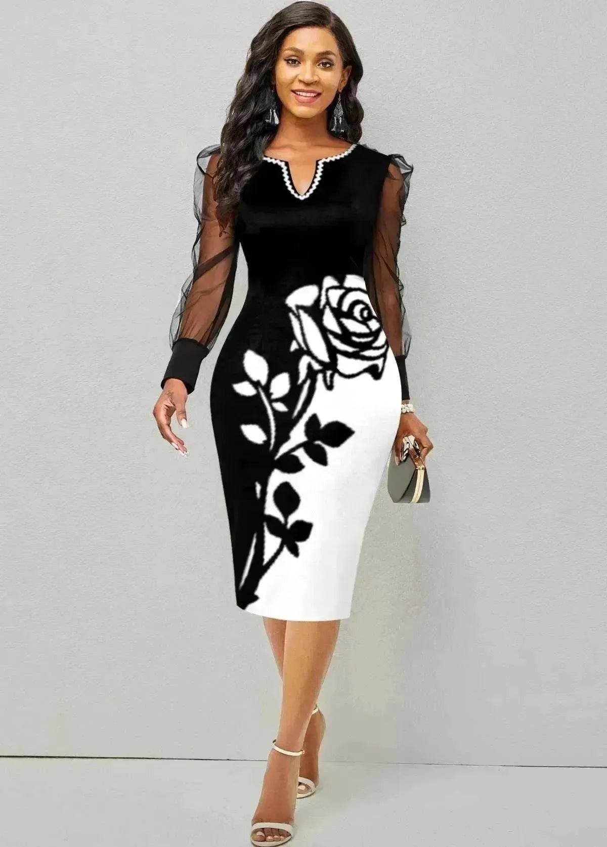 Mesh Sleeve Pencil Mid-length Hip Dress