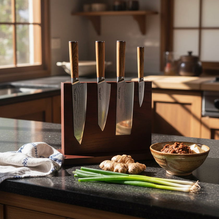 MIA FIVE | Essential 5 pcs Knife set | 4 Knives with Magnetic Wood Block