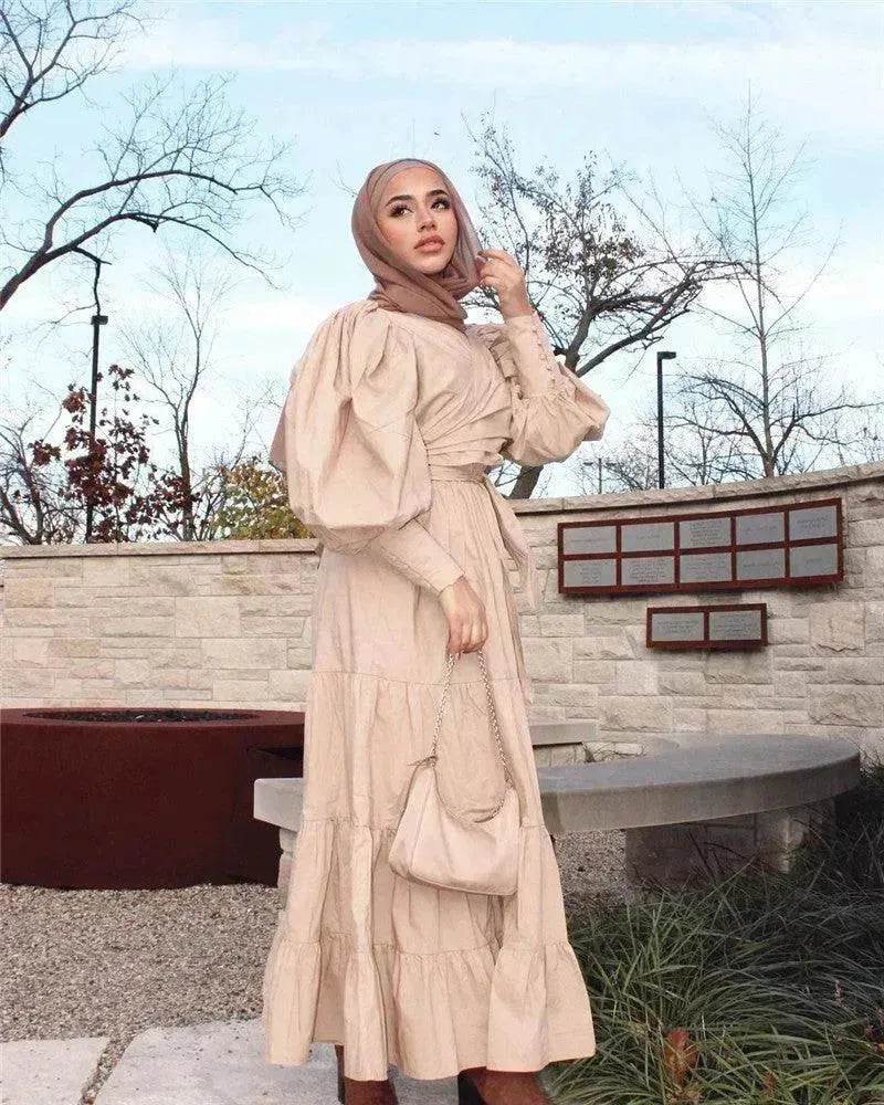 Middle East Europe and the United States Puff Sleeve Bandage More Wear French Robe Dress