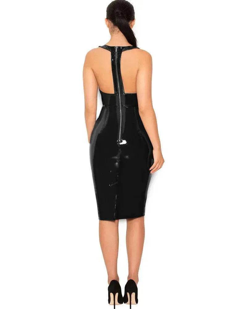 Mirror PU Leather Sleeveless V-neck Tight Dress