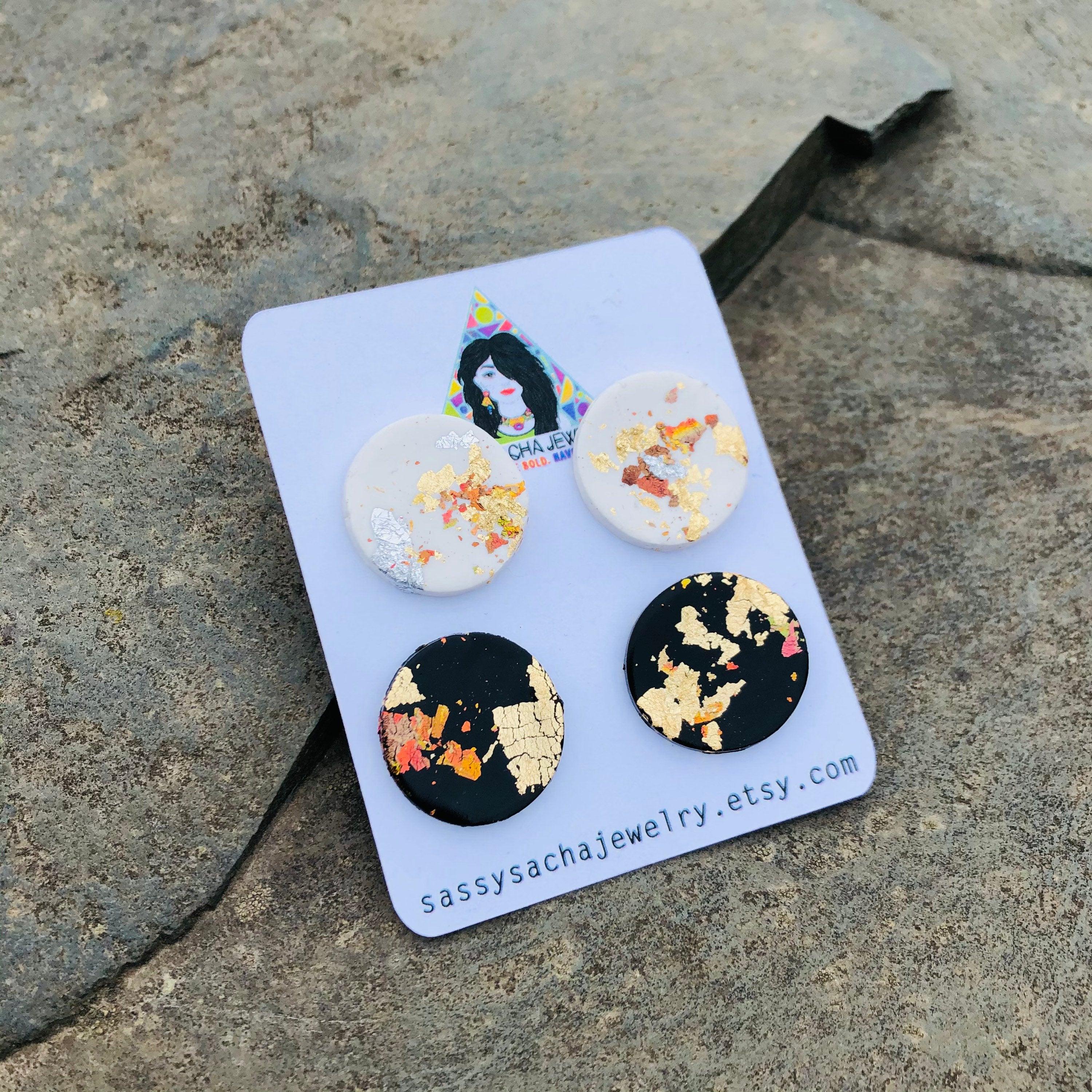 Mixed Metal Foil Earrings Set of 2, Polymer Clay Studs