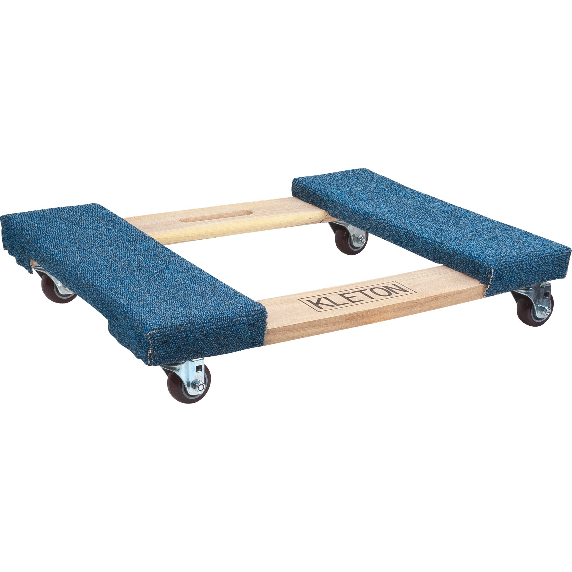 Chariot à roulettes en bois avec extrémités recouvertes de tapis