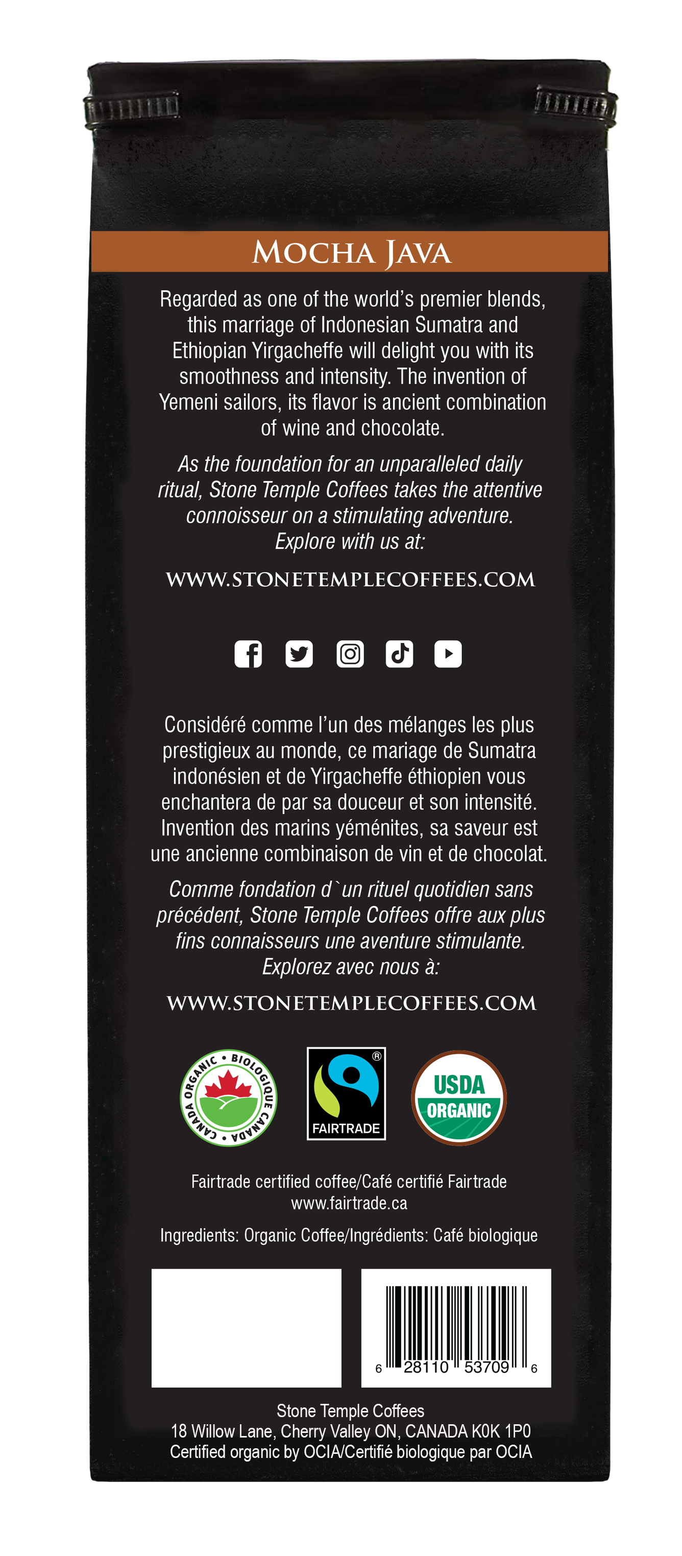 Mocha Java - Whole Bean, Medium Roast, Certified Organic OCIA / Fairtrade Coffee 1lb/454g