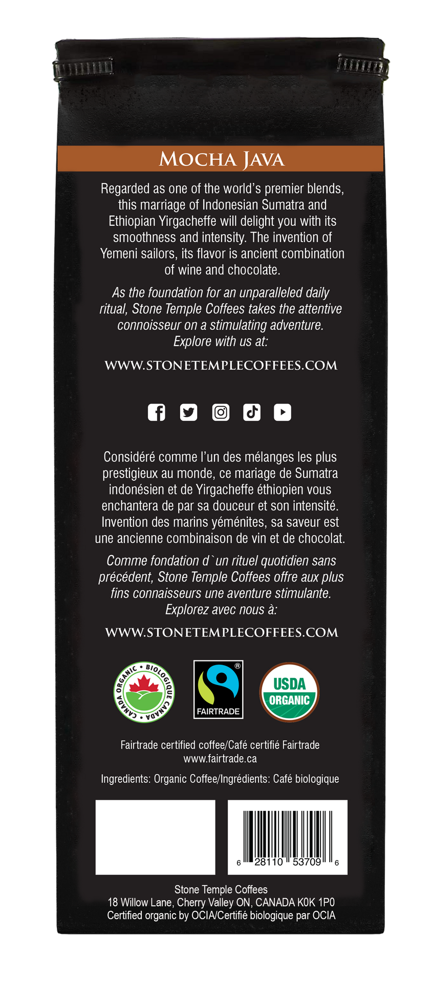 Mocha Java - Whole Bean, Medium Roast, Certified Organic OCIA / Fairtrade Coffee 1lb/454g