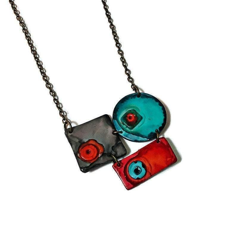 Modern Sculptural Statement Necklace, Grey, Teal & Orange, Handmade Polymer Clay