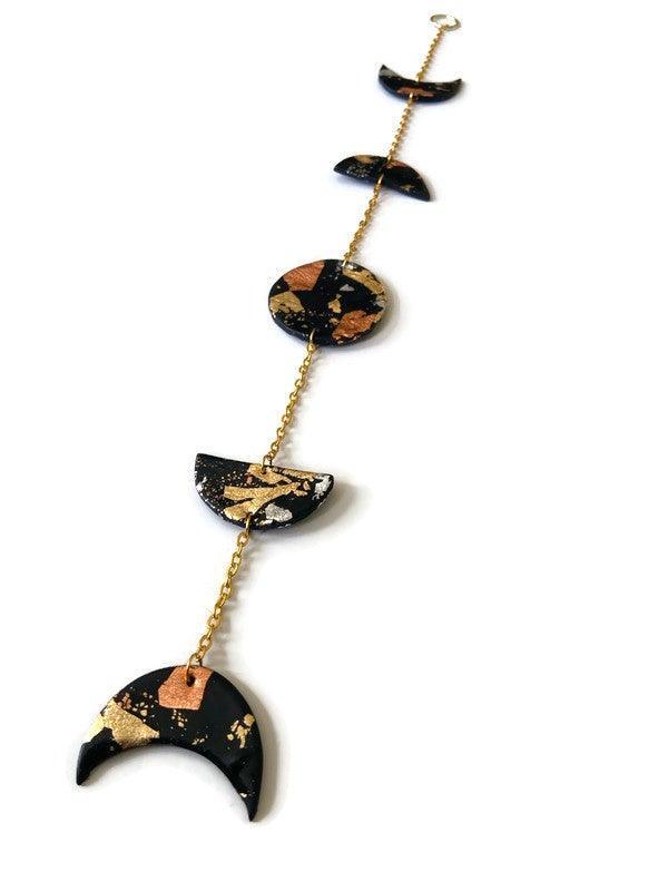 Moon Phase Wall Hanging Black with Mixed Metal Flakes, Modern Minimalist Home Decor
