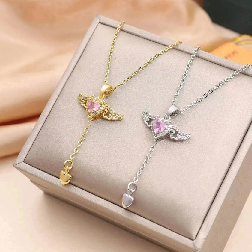 Moving Cupid Heart Angel Wings Tassel Necklace With Crystal Clavicle Chain Women Jewelry Gift Valentine's Day