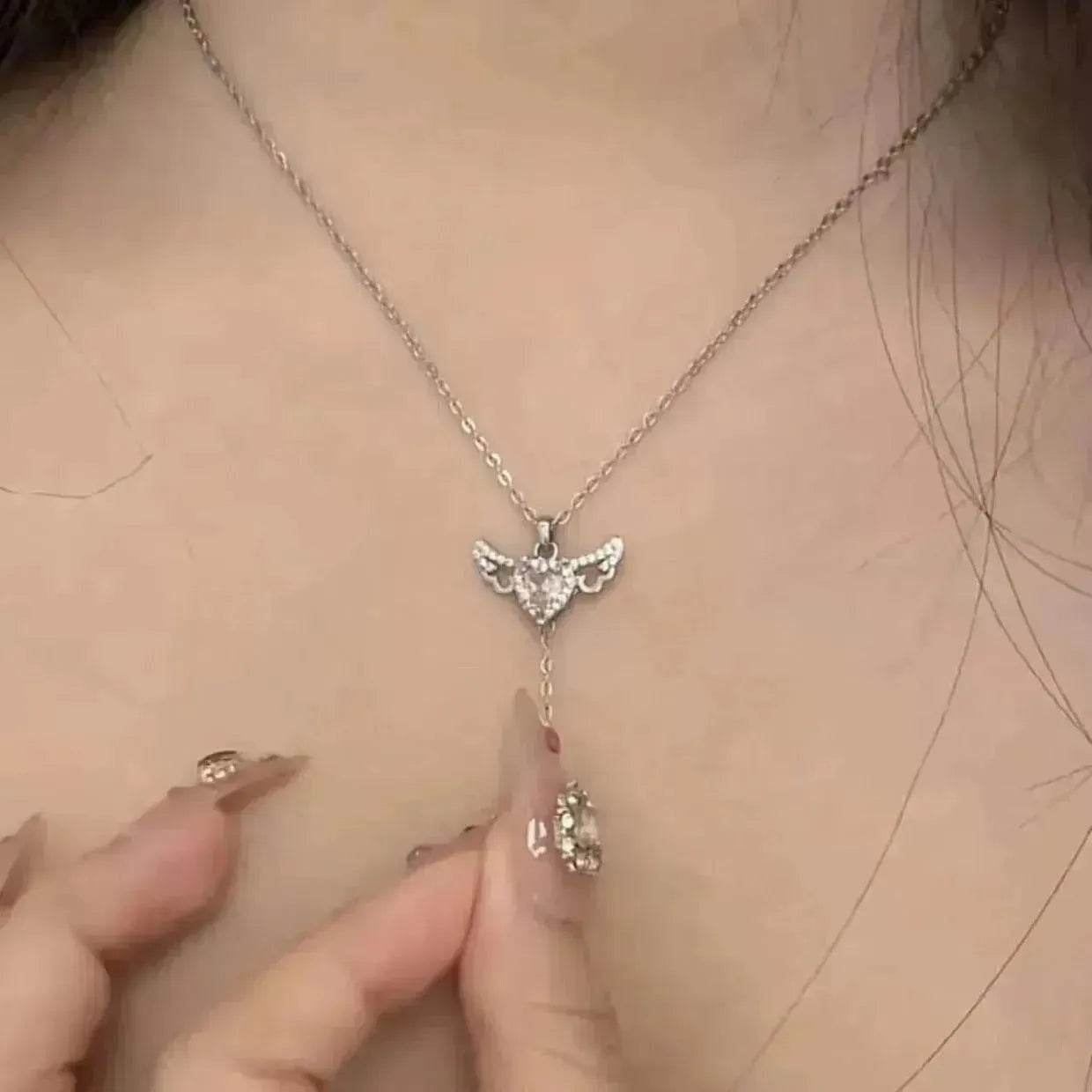 Moving Cupid Heart Angel Wings Tassel Necklace With Crystal Clavicle Chain Women Jewelry Gift Valentine's Day