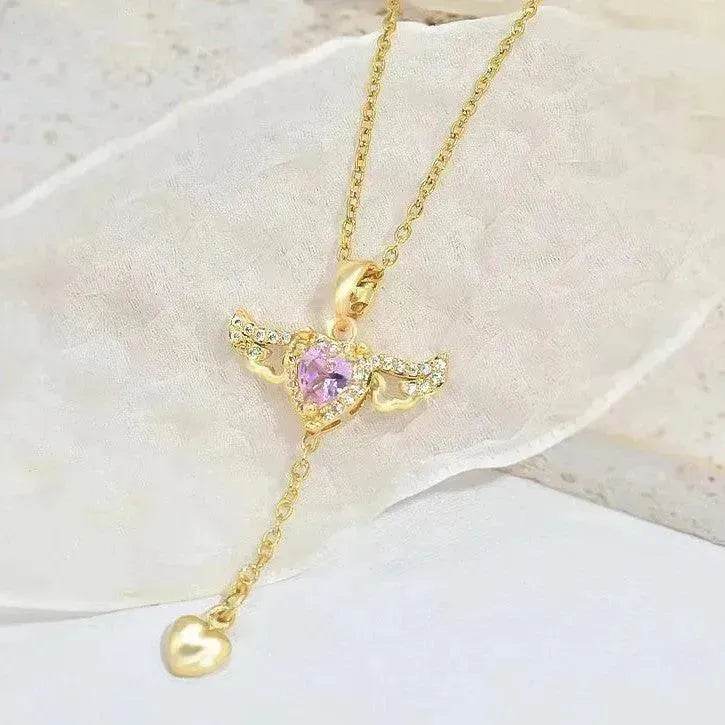 Moving Cupid Heart Angel Wings Tassel Necklace With Crystal Clavicle Chain Women Jewelry Gift Valentine's Day