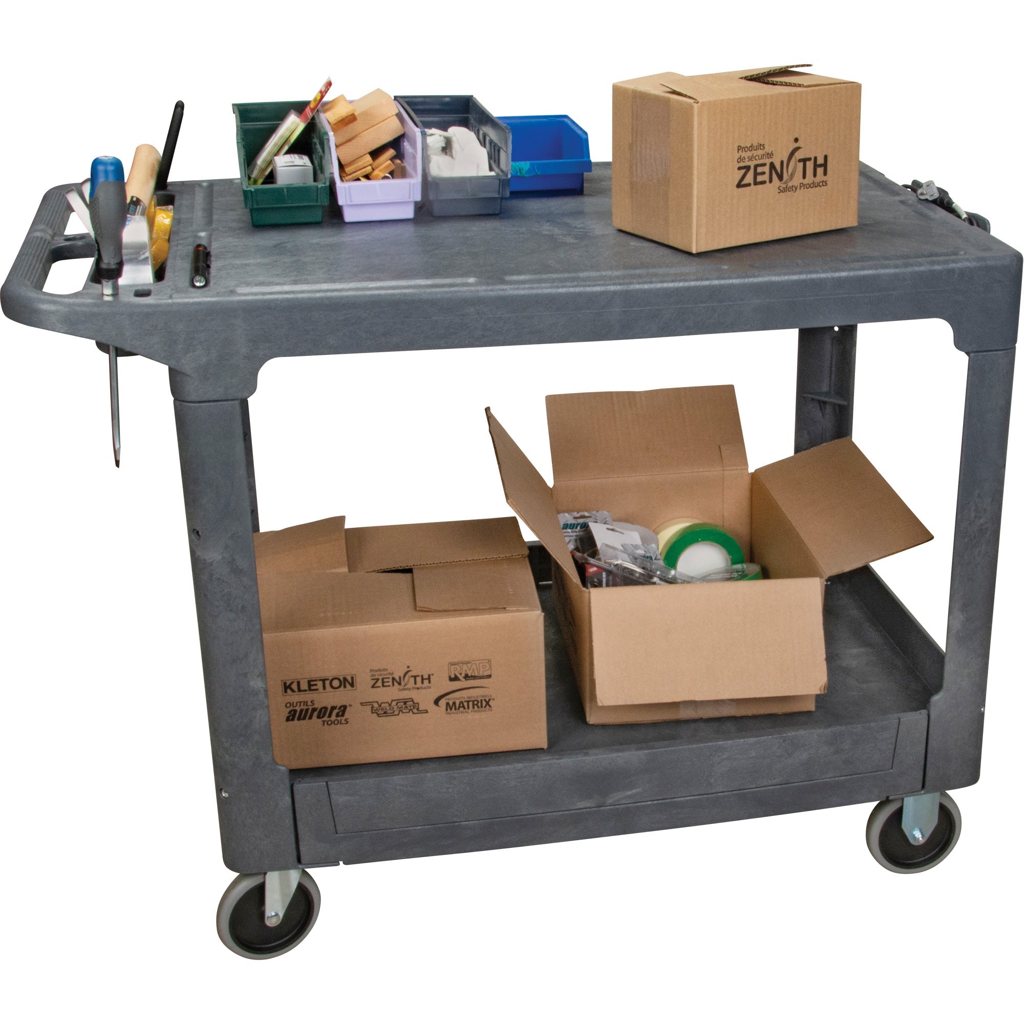 Flat-Shelf Utility Service Cart, 2 Tiers, 25-1/4