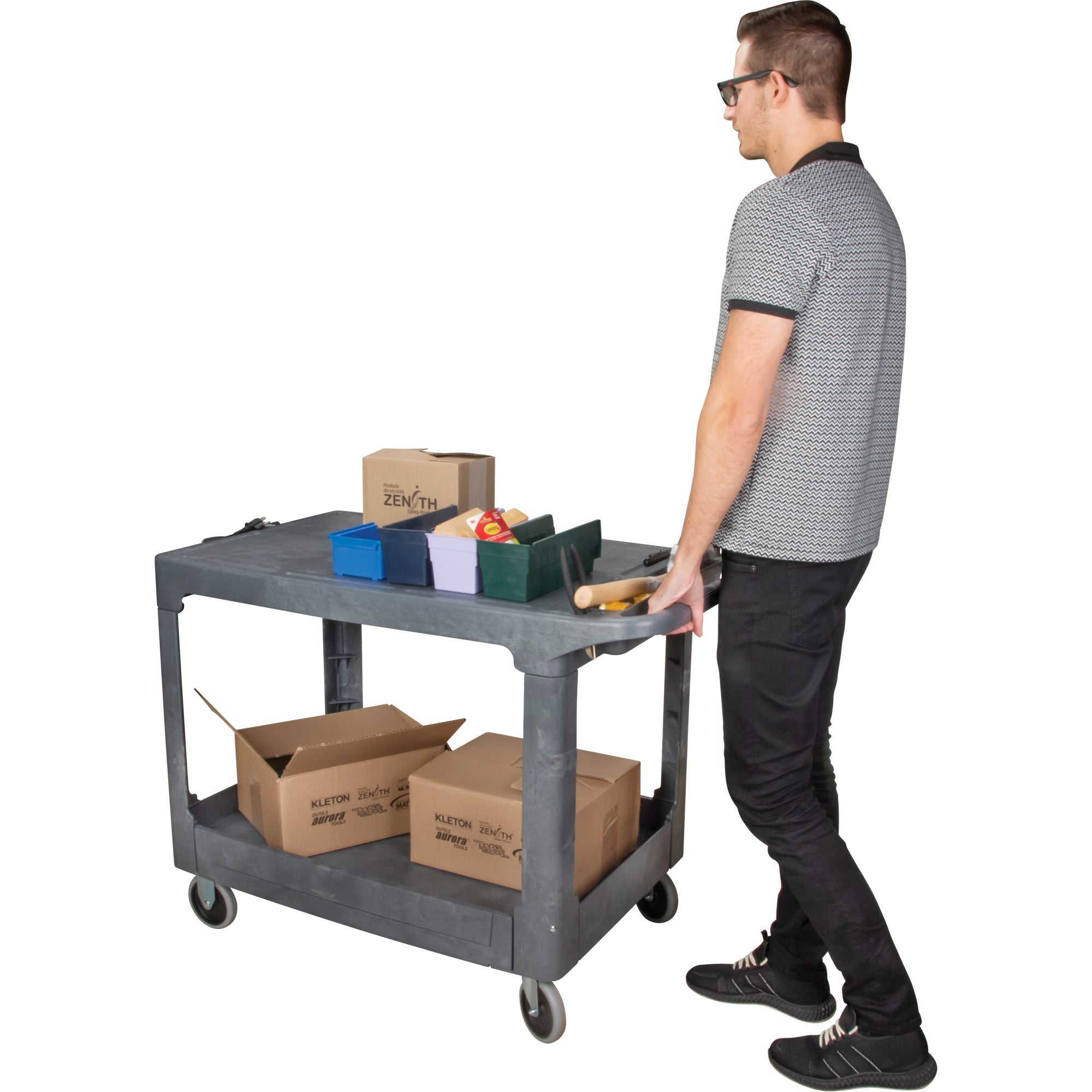 Flat-Shelf Utility Service Cart, 2 Tiers, 25-1/4