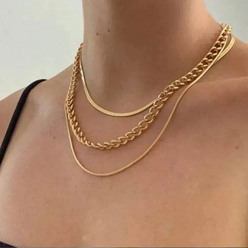 Multi-Layer Thick Chain Stacking Necklace Personality Three-Layer Clavicle Chain Gold Necklace for Women