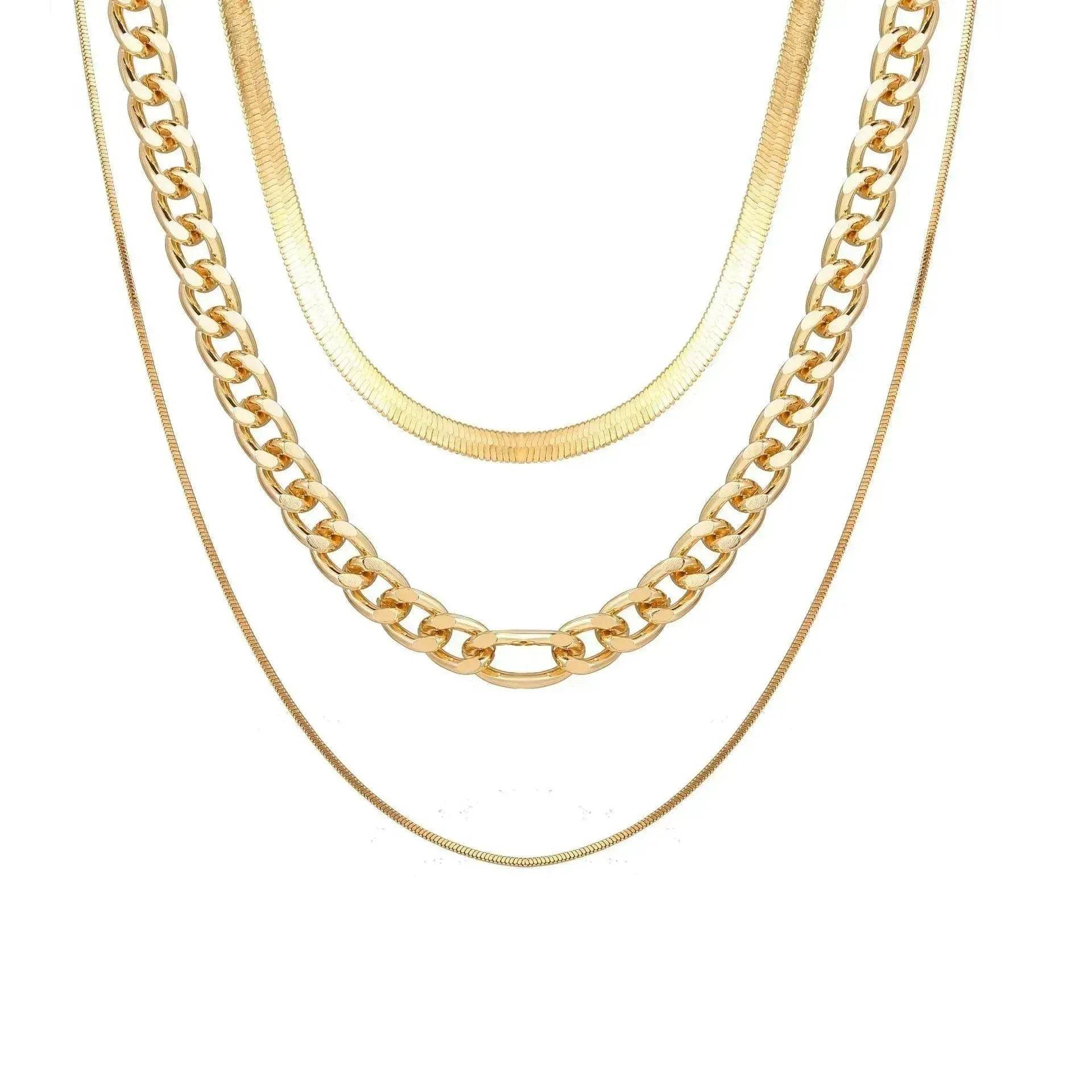 Multi-Layer Thick Chain Stacking Necklace Personality Three-Layer Clavicle Chain Gold Necklace for Women