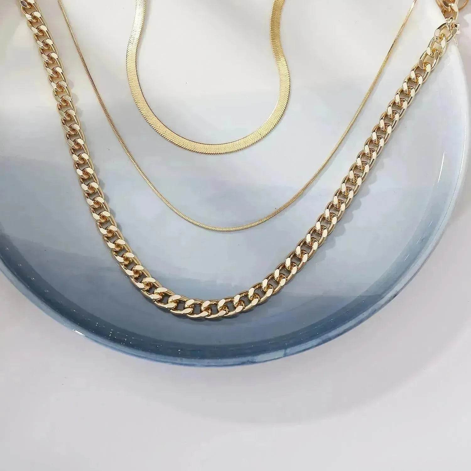 Multi-Layer Thick Chain Stacking Necklace Personality Three-Layer Clavicle Chain Gold Necklace for Women