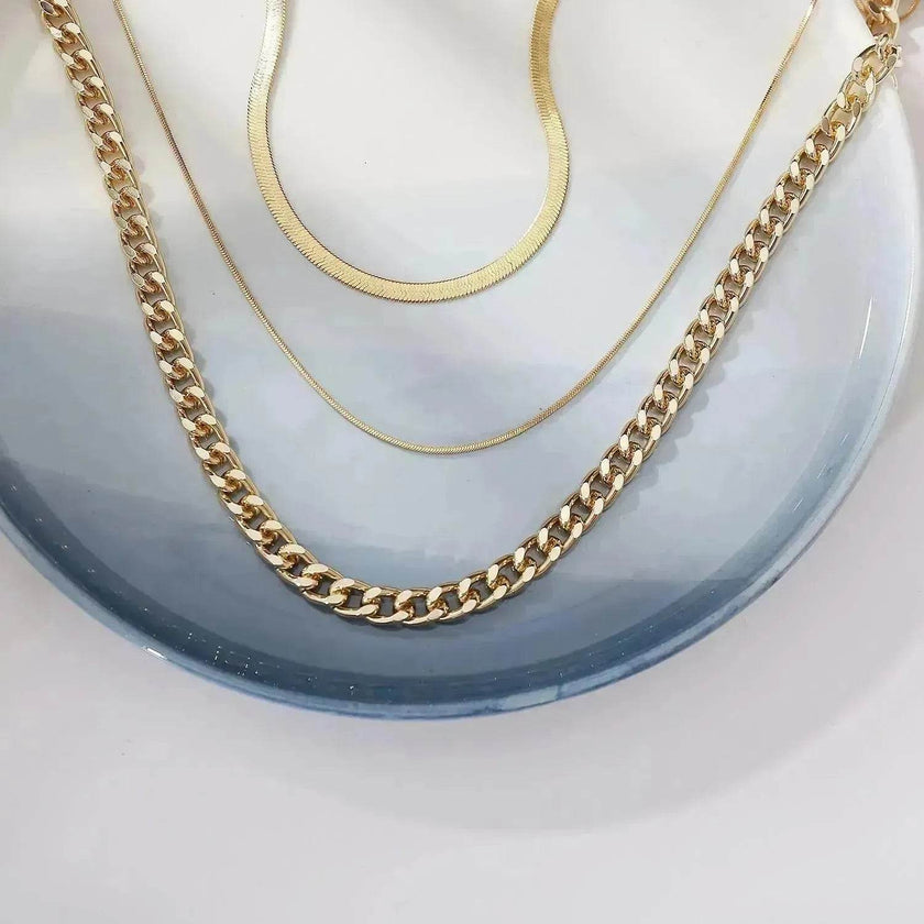 Multi-Layer Thick Chain Stacking Necklace Personality Three-Layer Clavicle Chain Gold Necklace for Women