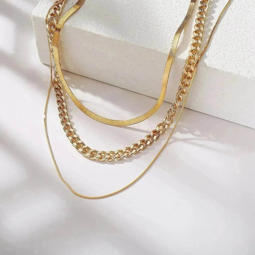 Multi-Layer Thick Chain Stacking Necklace Personality Three-Layer Clavicle Chain Gold Necklace for Women