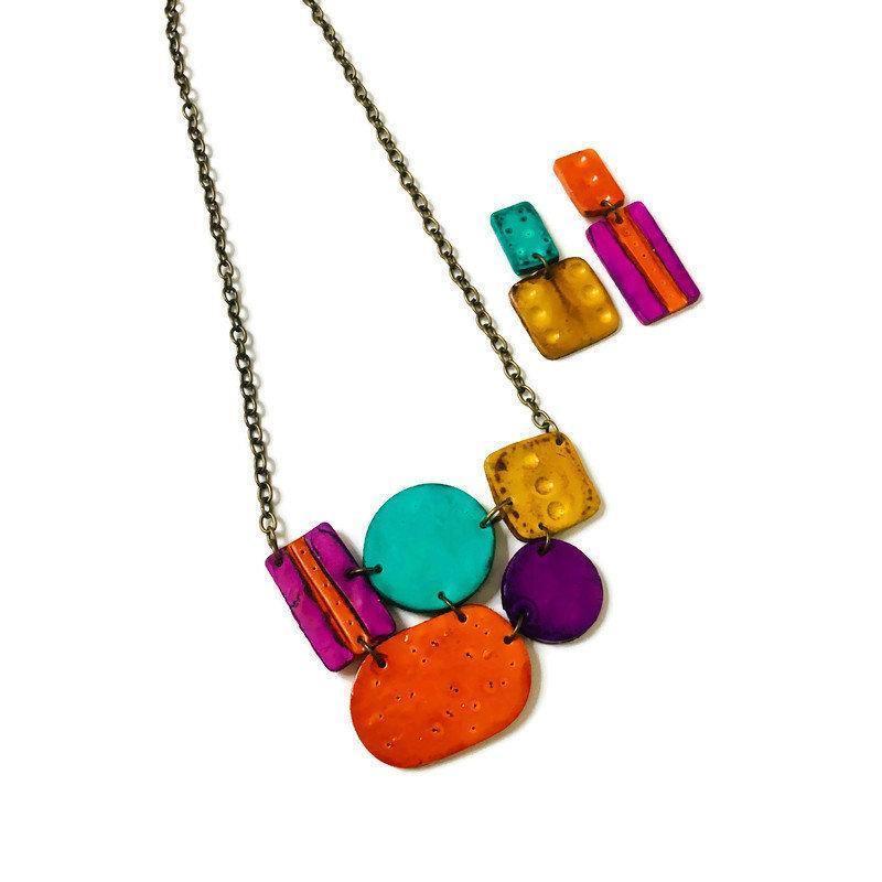 Multicolored Statement Jewelry Set, Necklace & Earrings, Handmade Polymer Clay