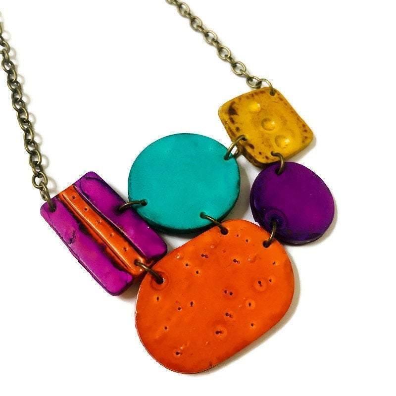 Multicolored Statement Pendant Necklace, Handmade Polymer Clay