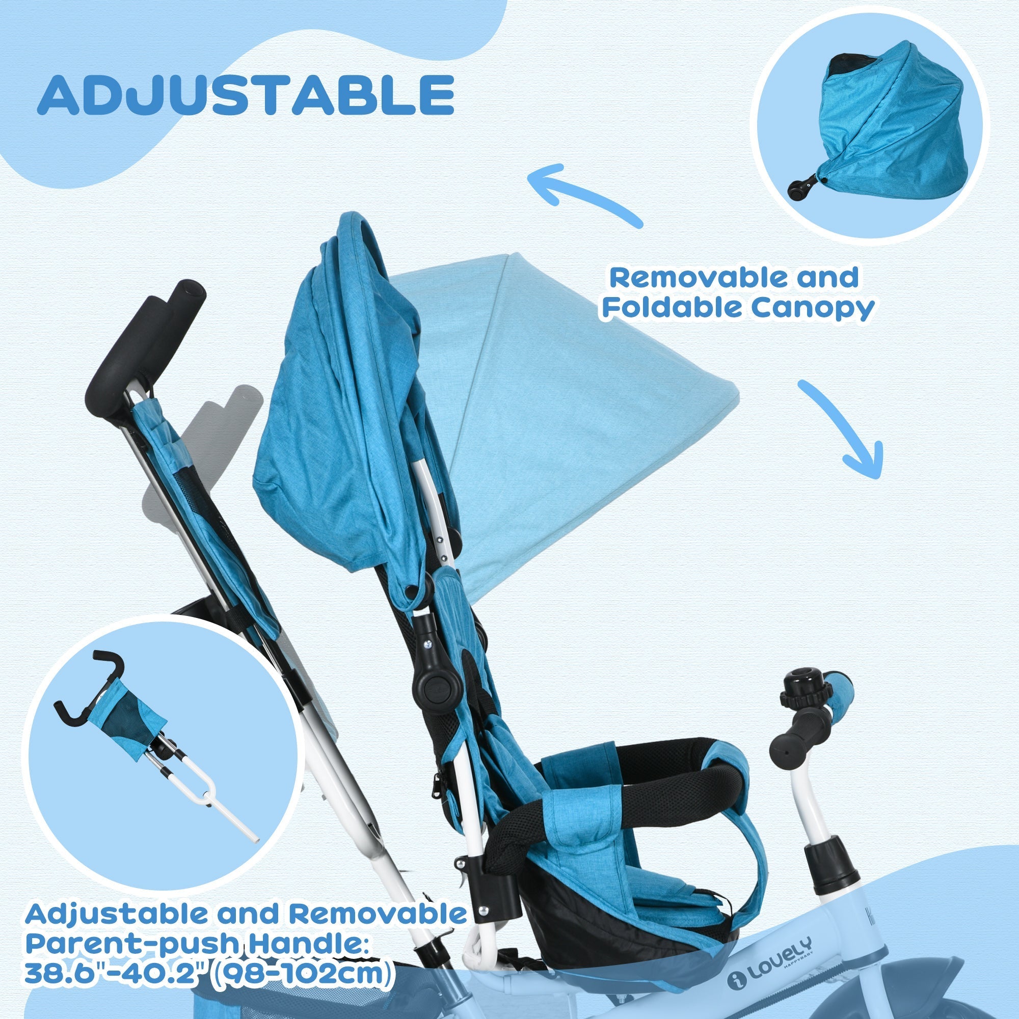 Qaba Convertible 4-in-1 Toddler Tricycle with Parent Handle for Kids 1-5 Years Outdoor Play Blue