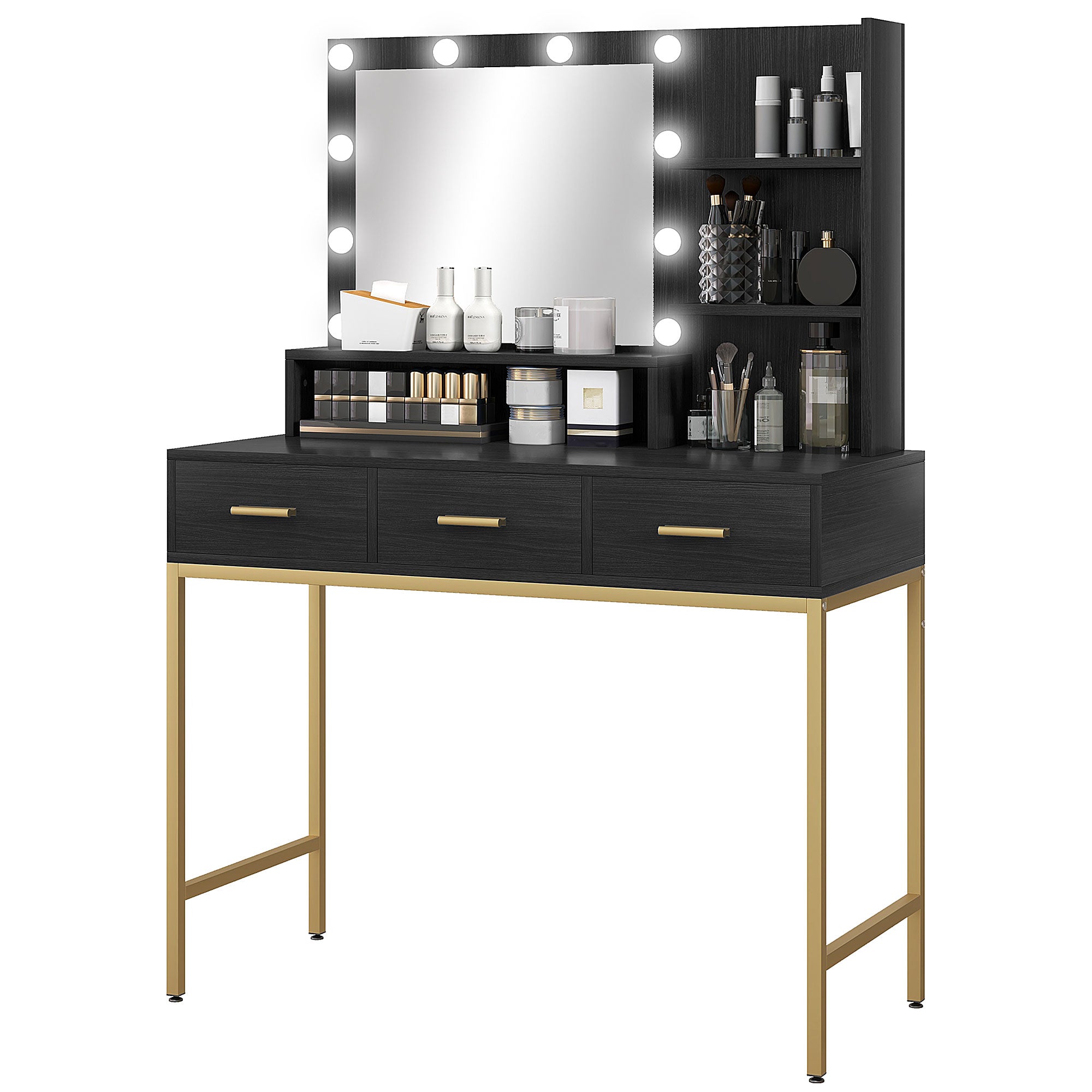 Sophia Illuminated Makeup Table with LED Lights and 3 Drawers-Black