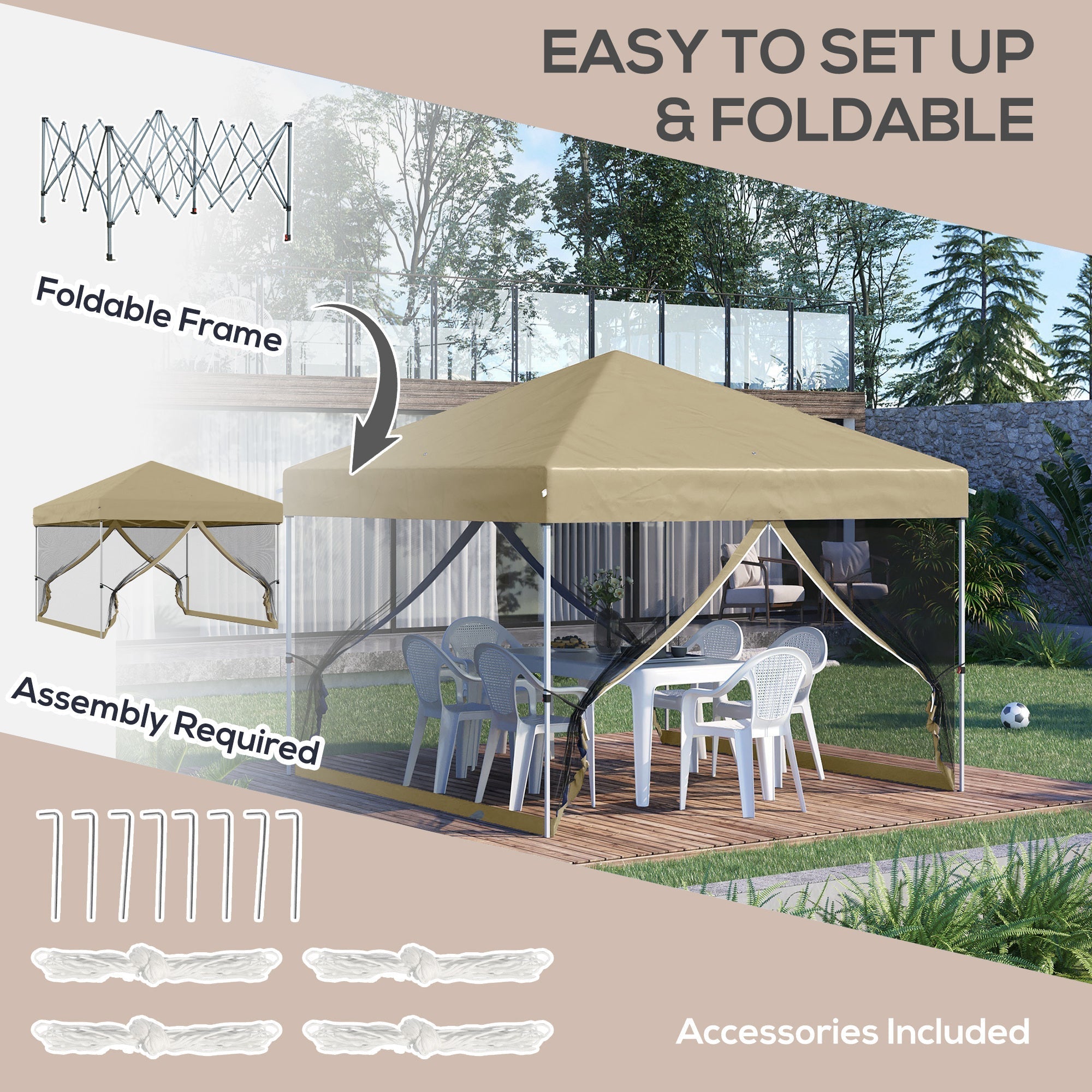 Outsunny 10' x 10' Pop-Up Party Tent Outdoor Canopy Tent with Mesh Sidewalls, 3-Level Adjustable Height, Roller Bag, Khaki