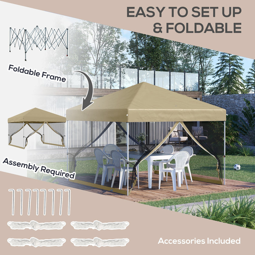 Outsunny 10' x 10' Pop-Up Party Tent Outdoor Canopy Tent with Mesh Sidewalls, 3-Level Adjustable Height, Roller Bag, Khaki