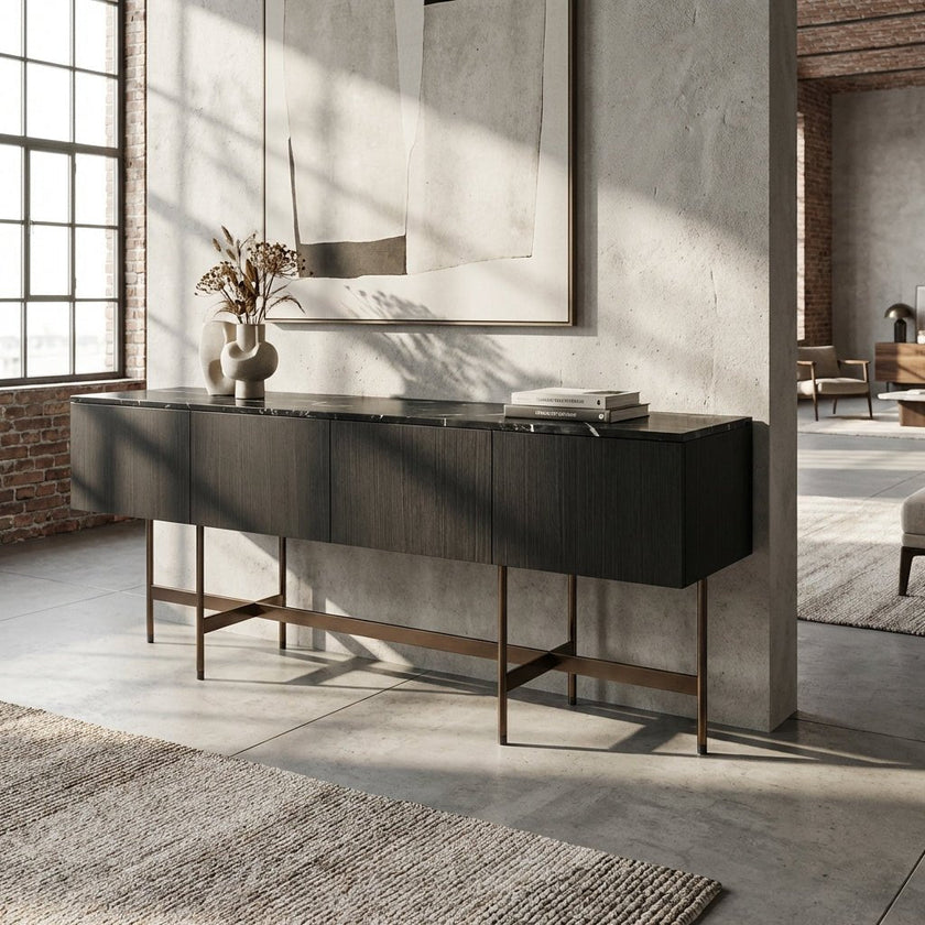 Nero Marquina Marble and Black Veneer Buffet