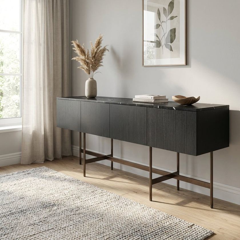 Nero Marquina Marble and Black Veneer Buffet