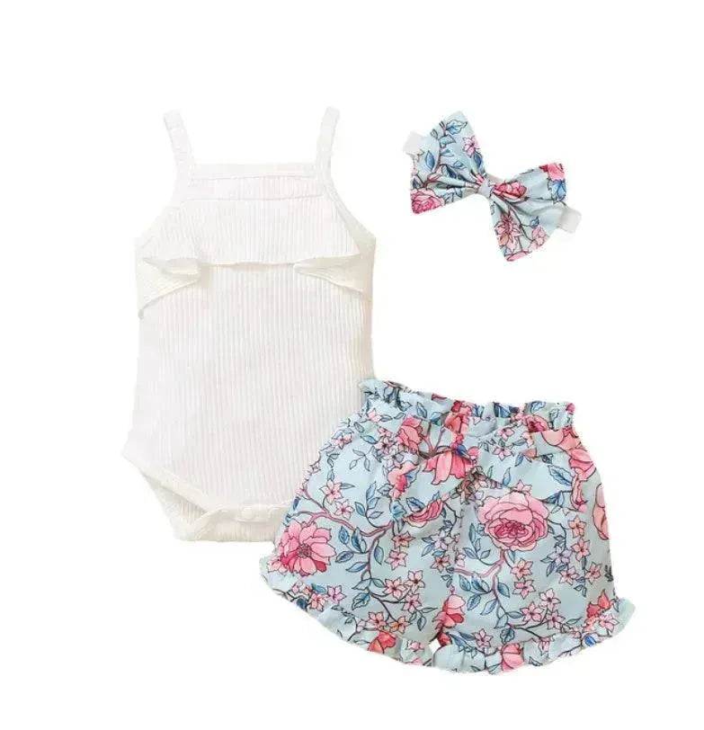 New Summer Baby Girl Suit Cotton Sleeveless Top Floral Pant Bow Tie Children Clothing