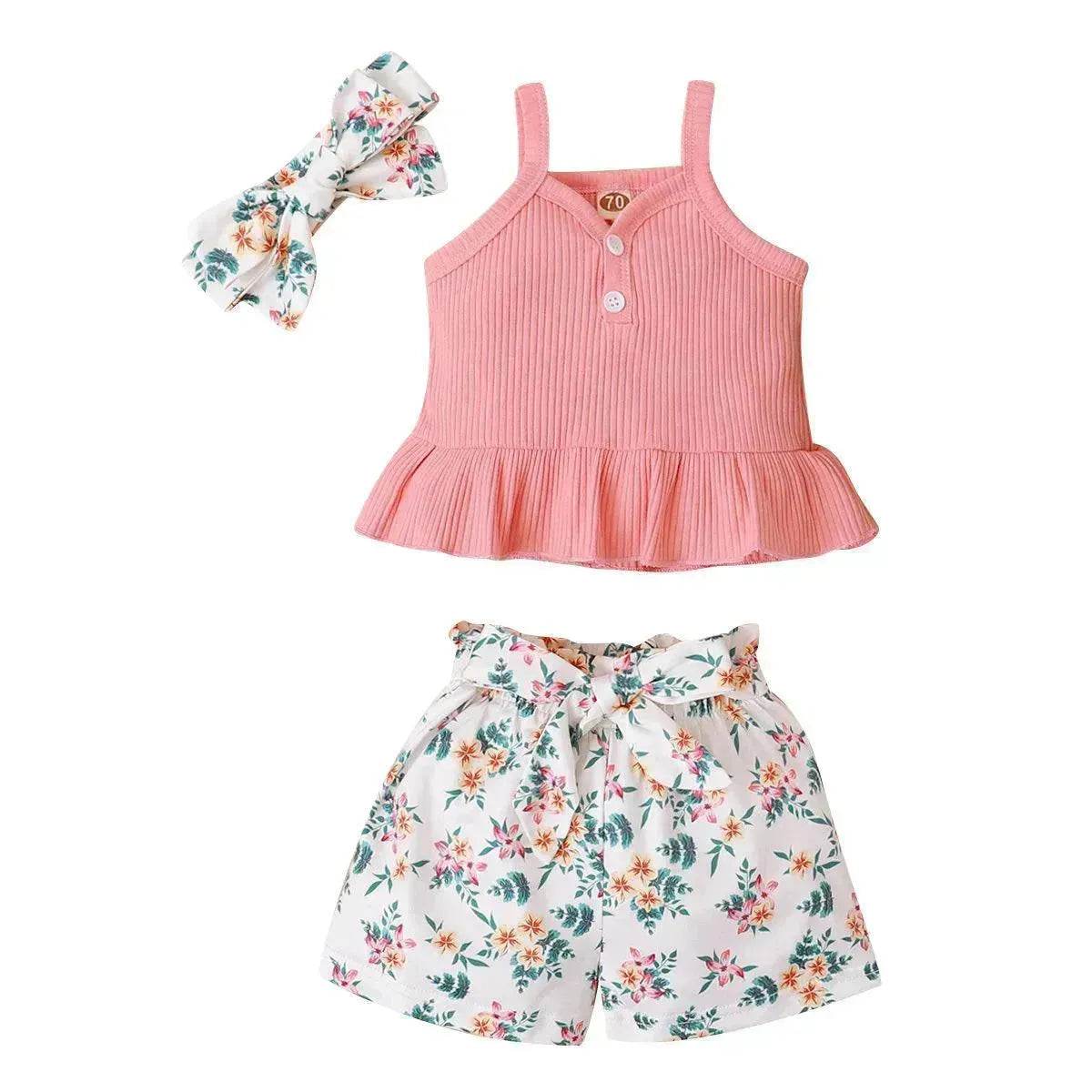 New Summer Baby Girl Suit Cotton Sleeveless Top Floral Pant Bow Tie Children Clothing
