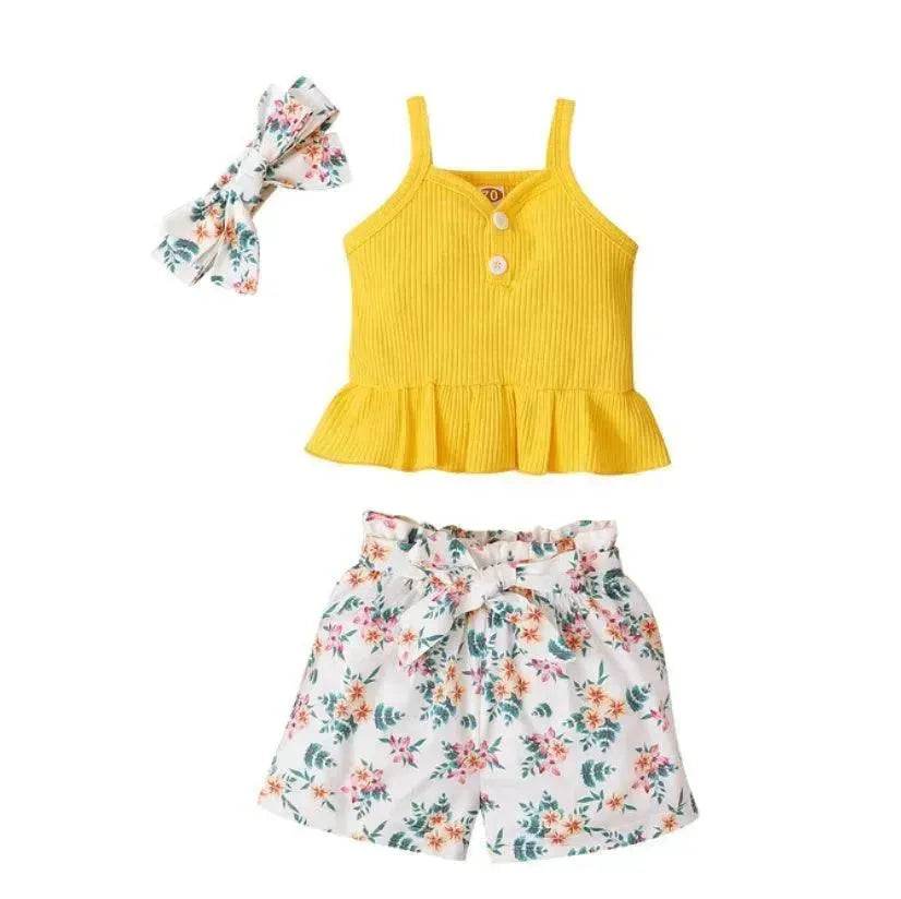 New Summer Baby Girl Suit Cotton Sleeveless Top Floral Pant Bow Tie Children Clothing