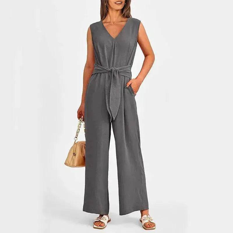 New V-neck Sleeveless Long Jumpsuit With Pockets And Lace-up Design Wide-leg Straight Trousers Summer Womens Clothing