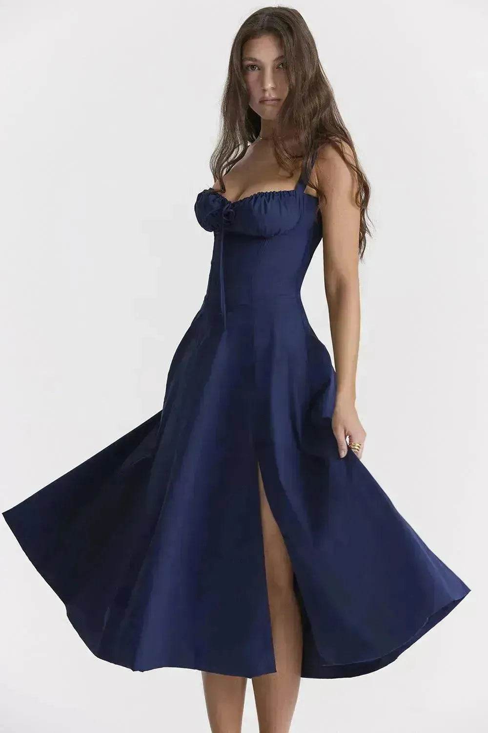 New Spring Summer Floral Midi Dress Spaghetti Strap Slit Midi Flared Gown