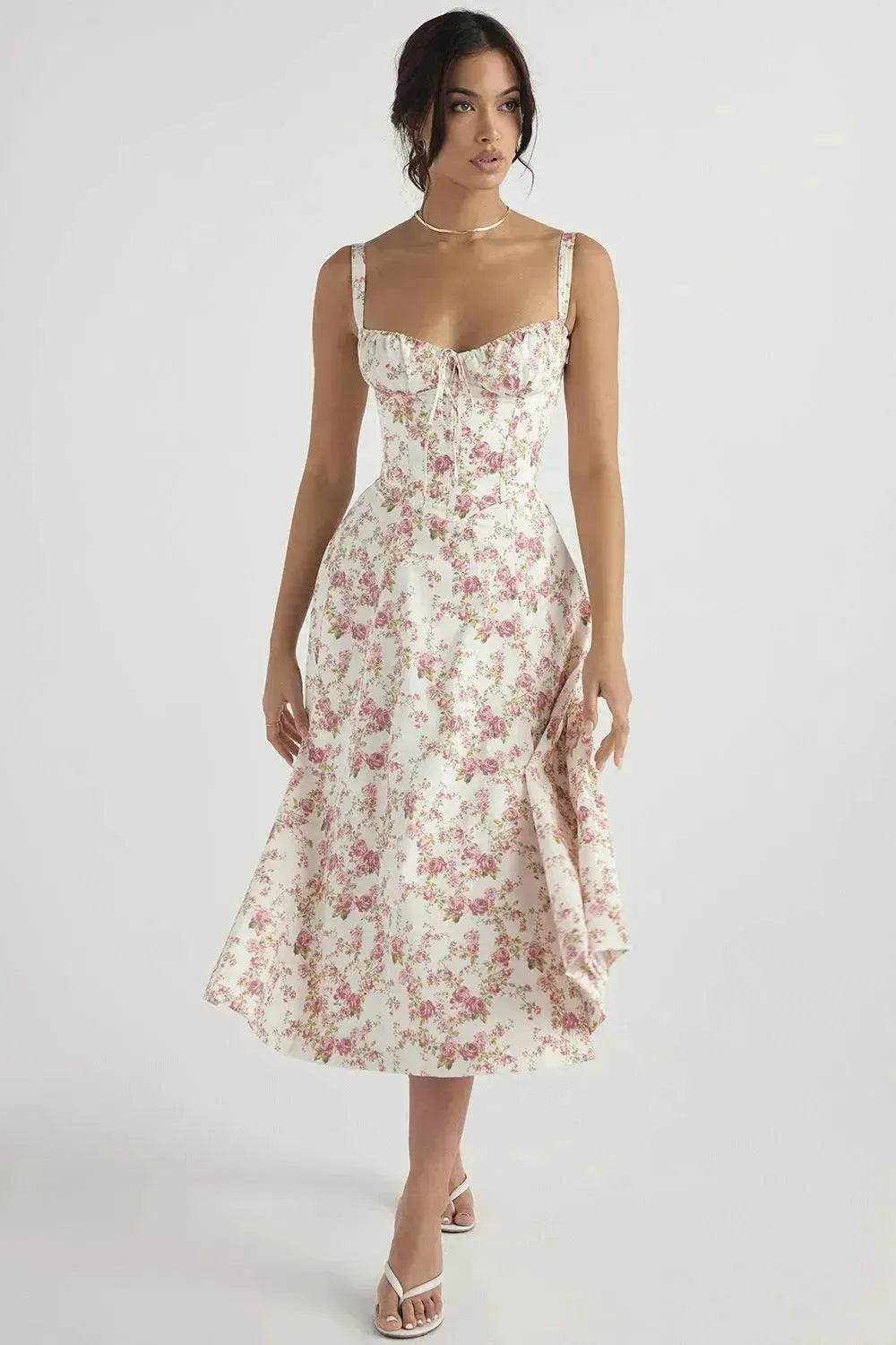 New Spring Summer Floral Midi Dress Spaghetti Strap Slit Midi Flared Gown