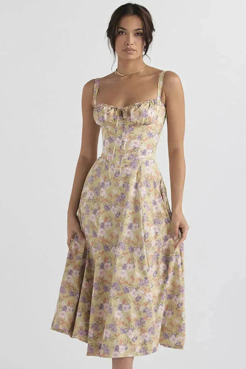 New Spring Summer Floral Midi Dress Spaghetti Strap Slit Midi Flared Gown