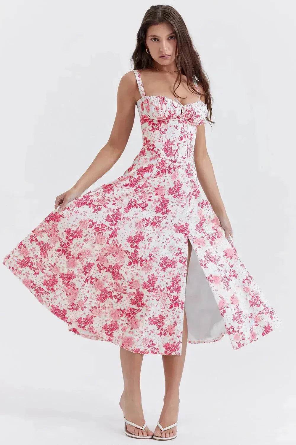 New Spring Summer Floral Midi Dress Spaghetti Strap Slit Midi Flared Gown
