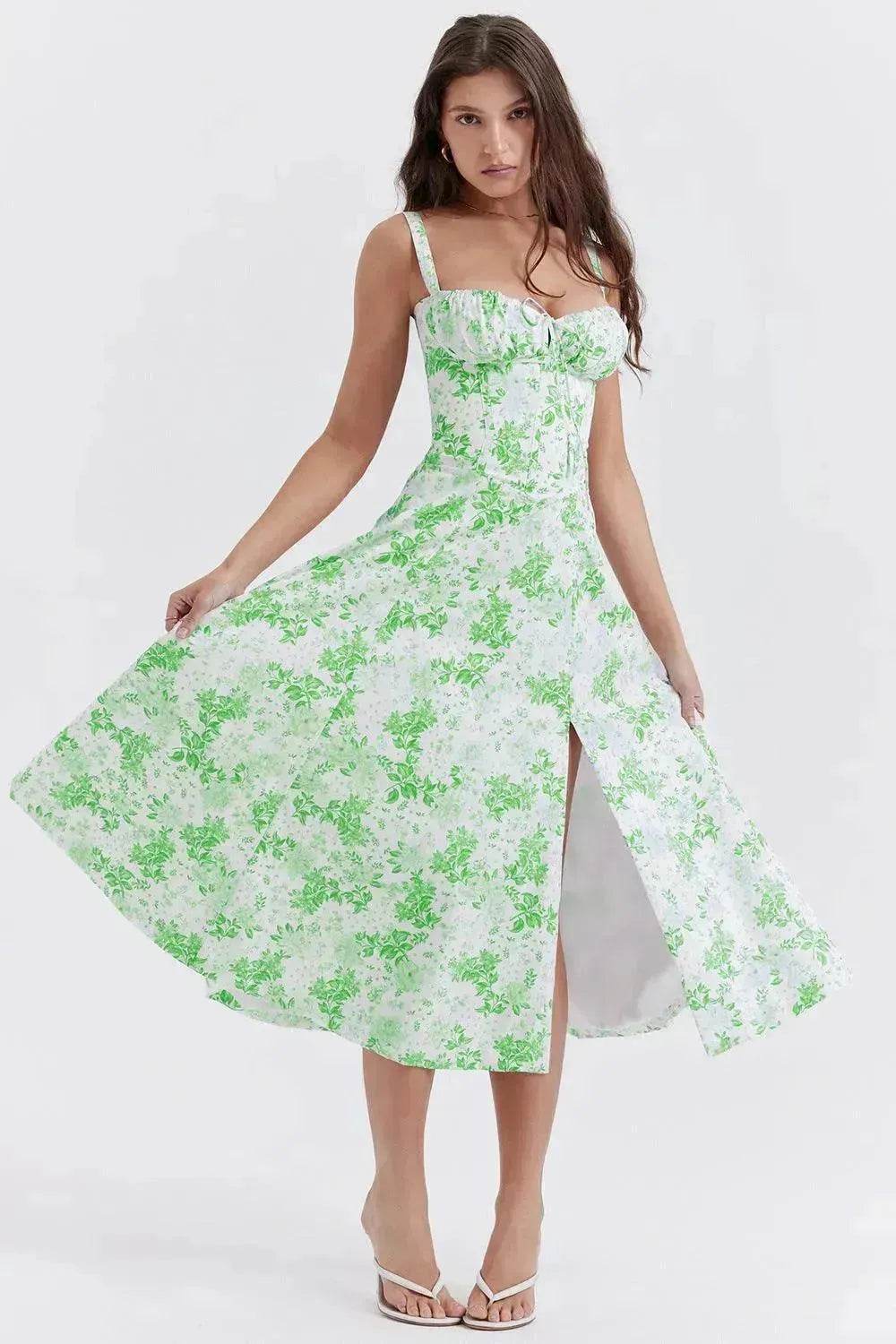 New Spring Summer Floral Midi Dress Spaghetti Strap Slit Midi Flared Gown