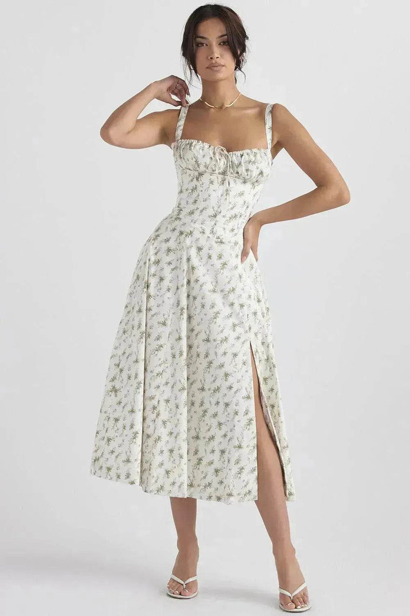 New Spring Summer Floral Midi Dress Spaghetti Strap Slit Midi Flared Gown
