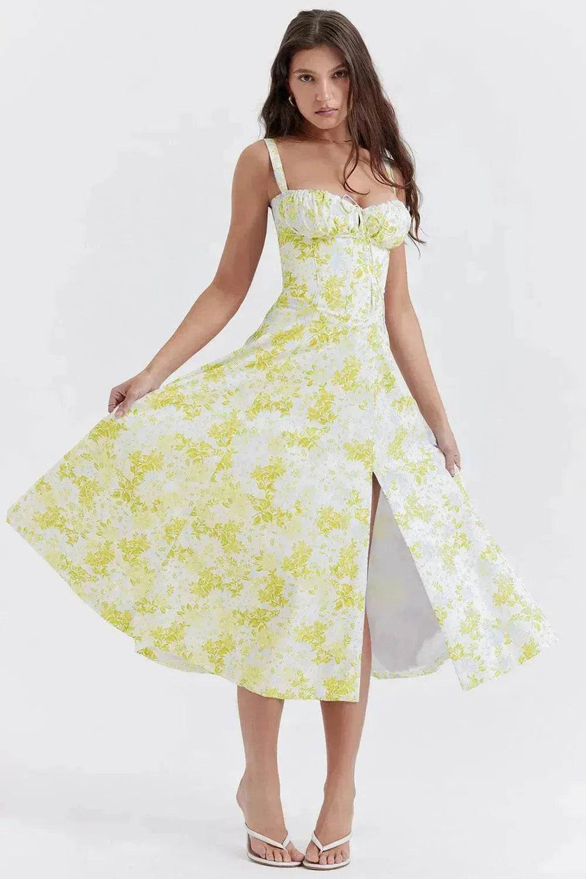 New Spring Summer Floral Midi Dress Spaghetti Strap Slit Midi Flared Gown