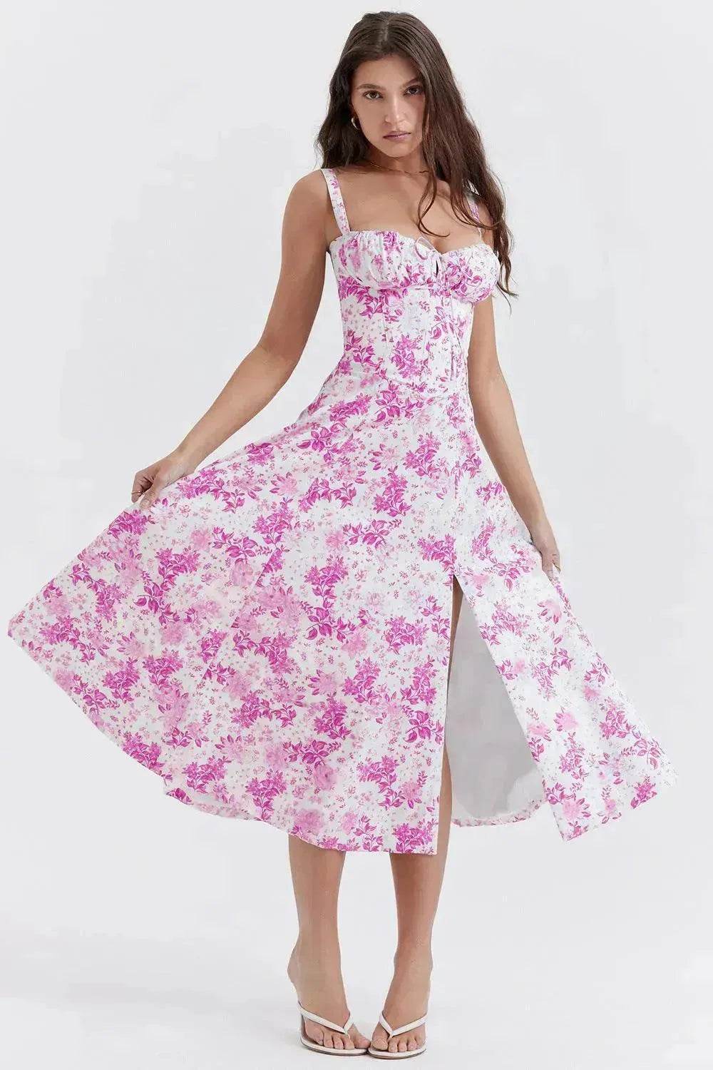 New Spring Summer Floral Midi Dress Spaghetti Strap Slit Midi Flared Gown