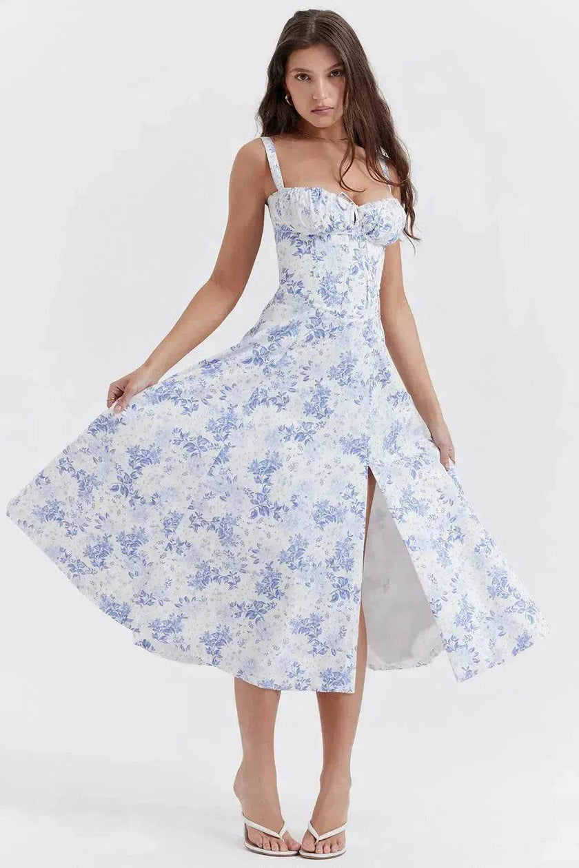 New Spring Summer Floral Midi Dress Spaghetti Strap Slit Midi Flared Gown