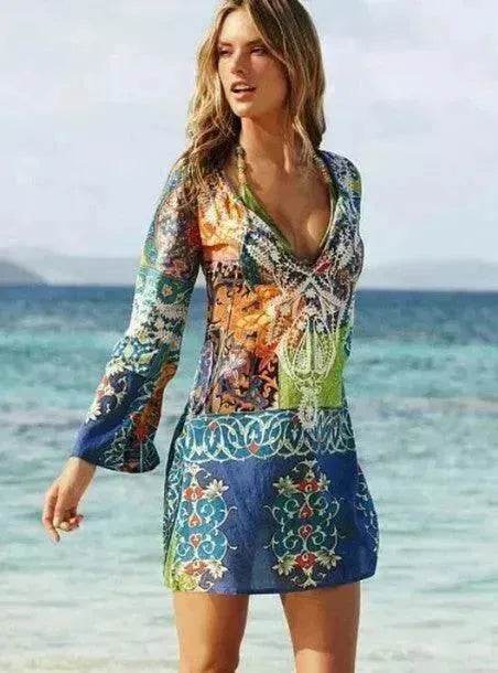 New Women'S Wear Europe And America Charming V-Neck Chiffon Long Sleeve Printed Beach Skirt Skirt